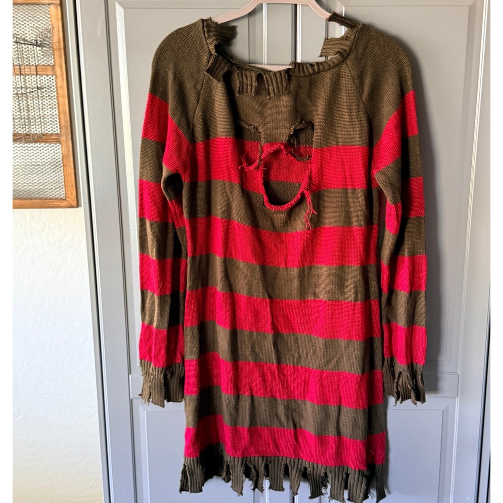Rubies Freddy Krueger Distressed Stripe Sweater Costume Dress,Olive Red,14/16